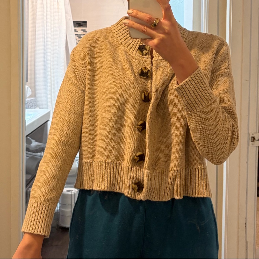 Quince Beige Button-Up Cardigan